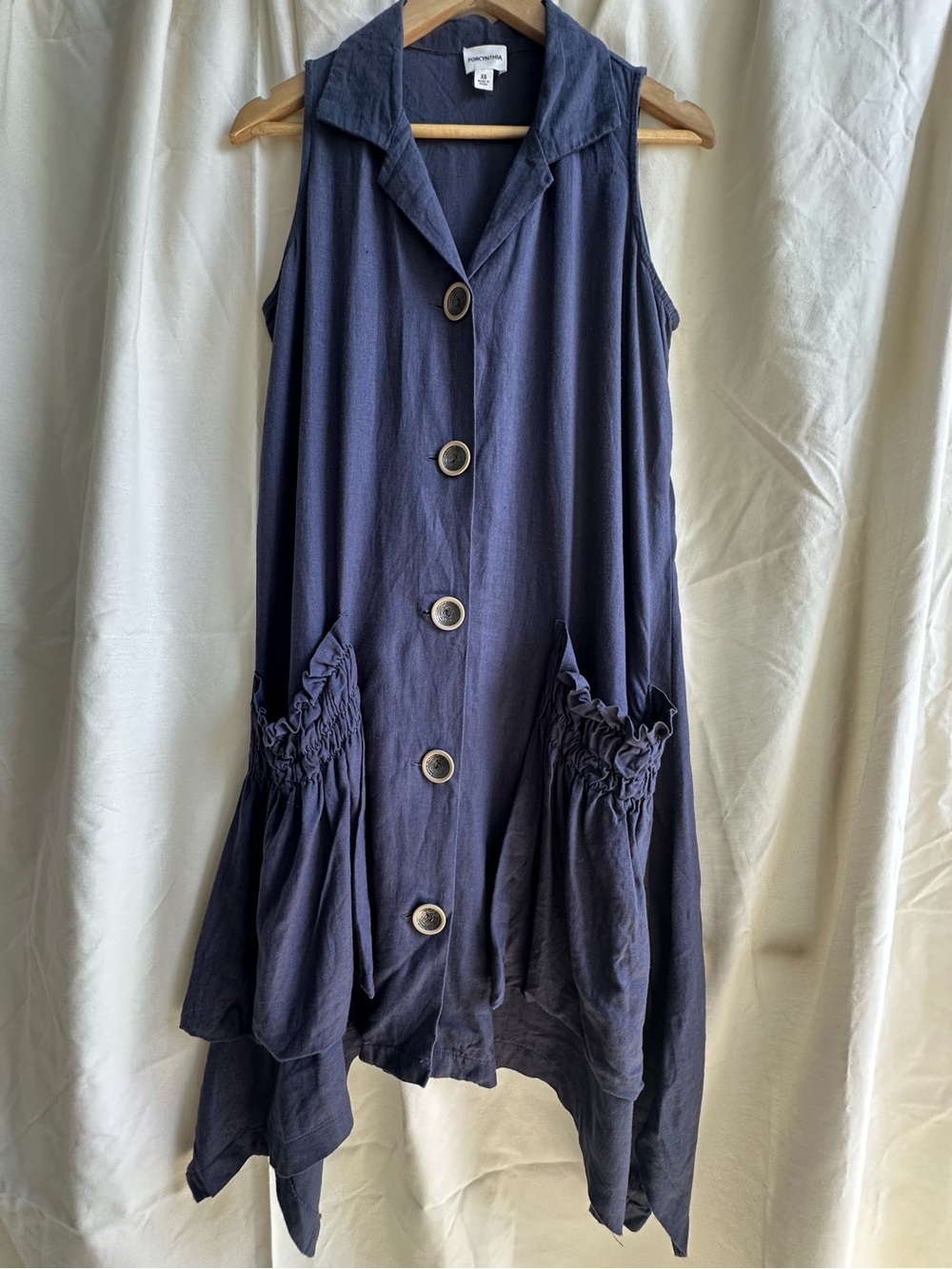 For Cynthia Linen Blend Shirt Dress Asymmetrical Hem Oversized Pockets BOHO Chic